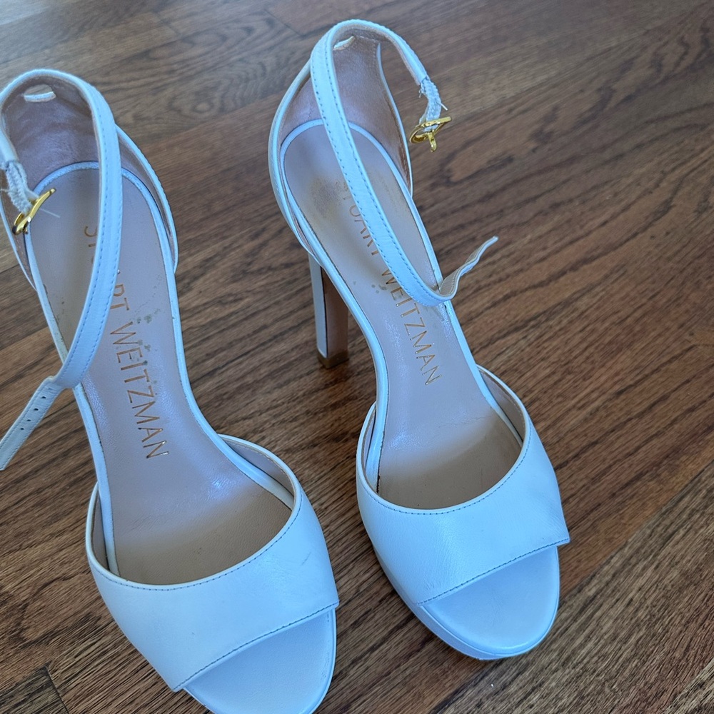 Stuart Weitzman White Leather Open-Toe Ankle-Strap Heels